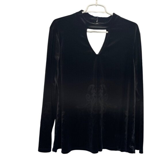 Fever Black Velvet Long Sleeve V-Neck Top Keyhole Back Subtle Scroll Pattern L - Picture 1 of 7